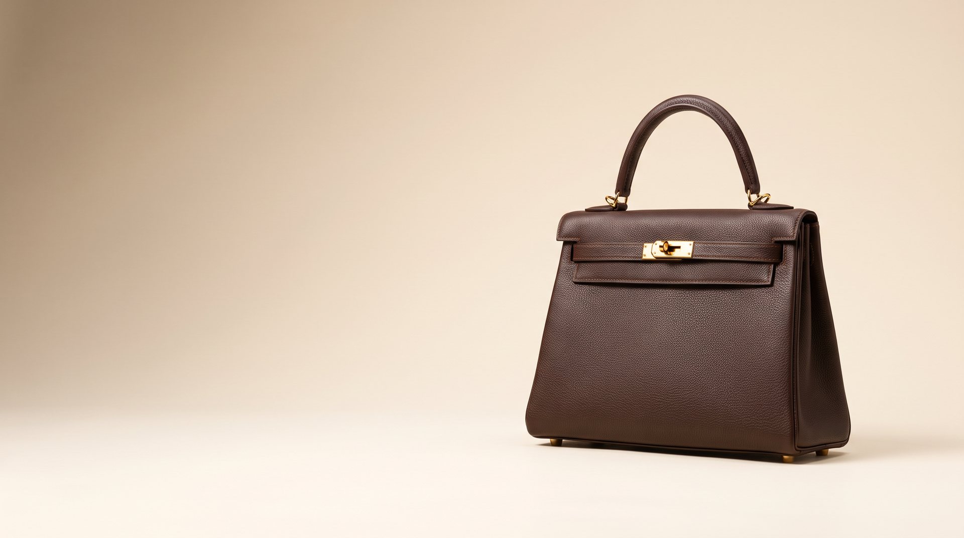 Structured chocolate-brown leather top-handle handbag with gold hardware, photographed in a cream studio